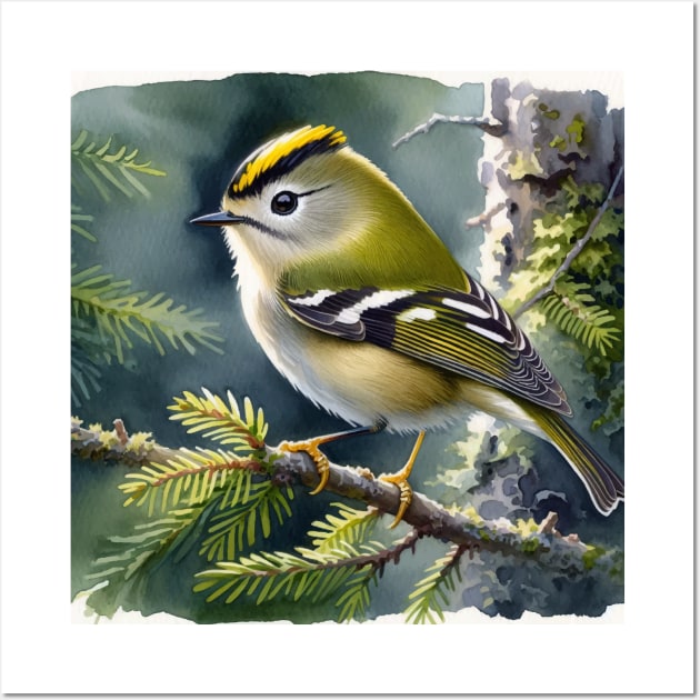 Colorful Golden-Crowned Kinglet - Watercolor Bird Wall Art by Aquarelle Impressions